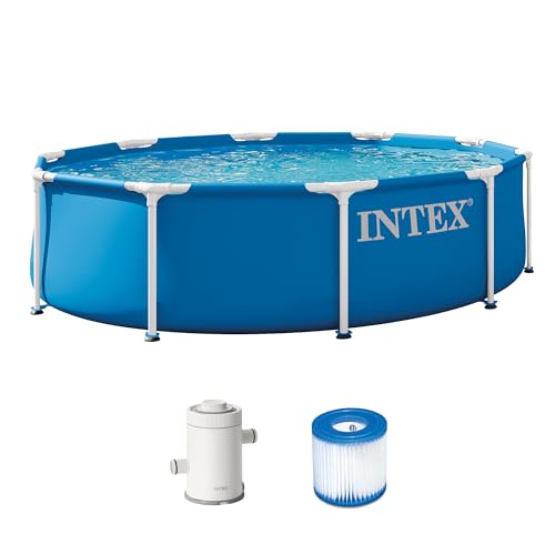 INTEX Metal Frame 10 ft x 30 in Above Ground Pool Set, Round Swimming Pool with Steel Frame, 330 GPH Cartridge Filter Pump, and Type H Filter Cartridge