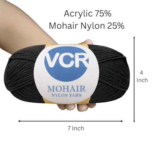 Image of VCR Mohair Nylon Black Yarn, 100 Grams Hank, 196 Meters Length, Acrylic 75%, Mohair Nylon 25%, Pack of 1 Yarn, Soft Crosia Threads, Suitable for Winter Garments.