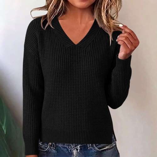 Womens Sweaters V Neck Waffle Knit Pullover Relaxed Fit Fall Winter Tops - image 8