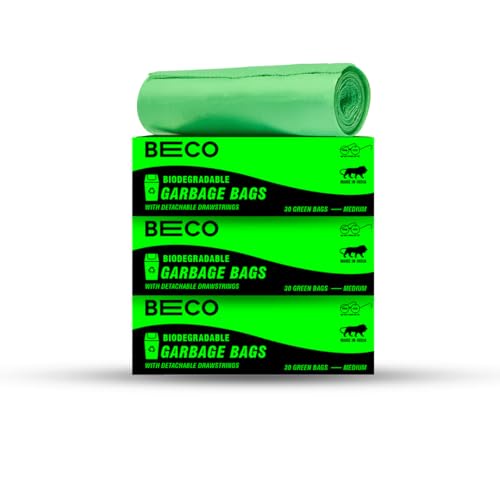 Beco Eco-Friendly Garbage Bags | 90 Pcs | Medium-19 x 21 Inches | 30 Bags x 3 Rolls | Green | Dustbin/Trash Bags with Detachable Drawstrings | For Dry