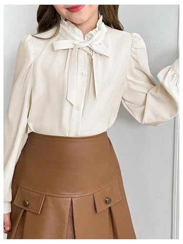 SweatyRocks Girl's Tie Neck Puff Long Sleeve Button Down Shirts Elegant Spring Blouses4