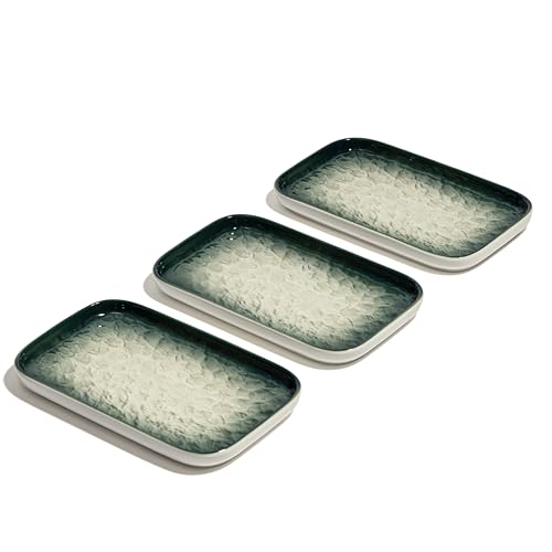 Image of Beyond Homes Ceramic Serving Tray Set of 3 | 8 Inch Rectangular Serving Plates | Premium Ceramic Platters for Sushi Dimsum Momos Snacks Starters & Appetizers | Microwave & Dishwasher Safe, Green