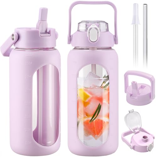 BLUEGO 2L Glass Water Bottles with 2 Lids Flip Lid and Spout Lid Half Gallon Water Bottle with Straw 2000ml Large Water Bottle with Time and Capacity Markers for Gym Home Office Leak-proof,Purple