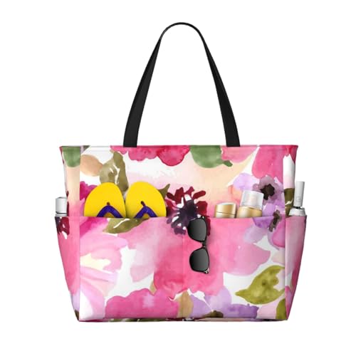 Sac de plage aquarelle fleurs rose pour vos journées ensoleillées et sorties d'été