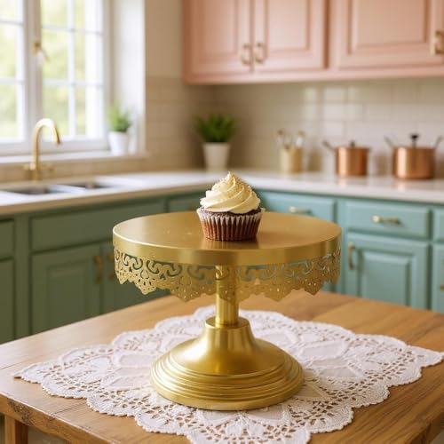 Image of Elegant Gold Cake Stand with Intricate Lace Edge Design, Perfect for Displaying Desserts, Cupcakes, or Pastries at Parties, Weddings, or Special Events, Durable and Stylish, 8-Inch Diameter