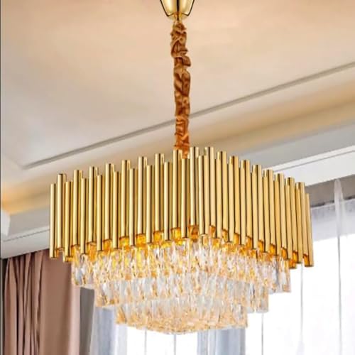 Image of TRIXY Chandeliers Lights for Ceiling Pure Gold Square Crystal Hanging Pendant Light Lamp | 3 Tier, K9 Crystal 400mm Jhoomar Fixture for Bedroom, Dining Room, Living Space Modern Home Lighting