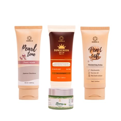Prismos Skincare Combo – Pearltone Facewash, Pearlsoft Moisturizer, Beauty Sunscreen SPF 30 & Eloemax Gel | Daily Skincare Routine Kit for Clean, Hydrated & Protected Skin