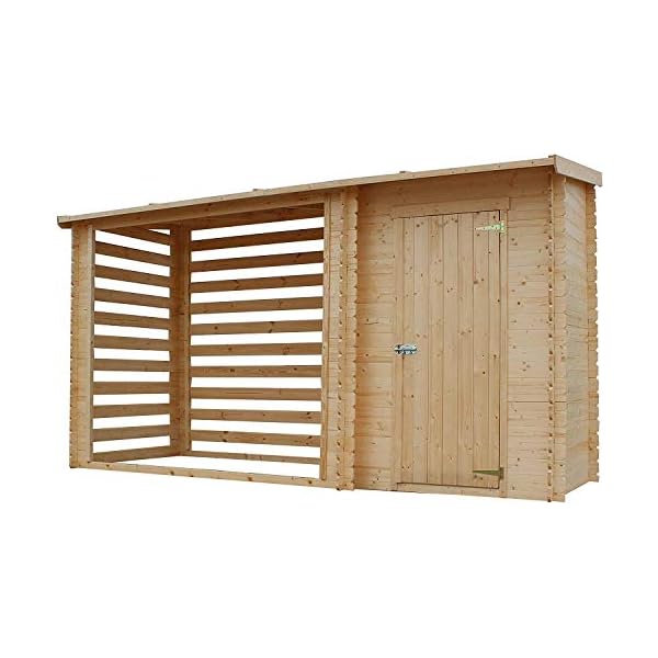 TIMBELA Geräteschuppen Holz M205 - Gartenhaus Holz mit Brennholzregal - Gartenhütte Holz B344xL146xH199 cm/ 3.64 m2…