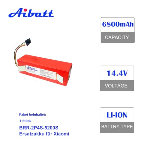 6800mAh Ersatzakku für Xiaomi Mi S5 / S6 / S7 / Q5 / Q7 Max MaxV Ultra Pure Staubsauger, akku für Roborock S50 / S55, Mijia 1st und 2nd Gen Roboter, Ersatz für BRR-2P4S-5200S Akku.(14.4V/97.92Wh)