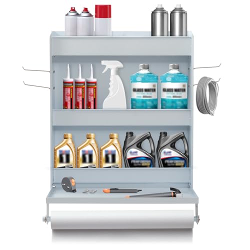 Hymula Trailer Door Cabinet Organizer, Flip-Out Work Tray & Paper Towel Rack Organizer with Hooks, Wall-Mount Work Station Storage Cabinet for Enclosed Race Trailer Garage Storage, White