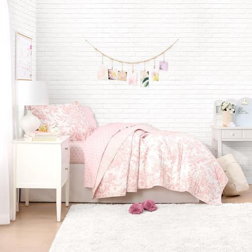 Image of Laura Ashley - Twin Size Bedding Bundle, Reversible Quilt with Matching Pillowcases & Cotton Percale Sheet Set, Floral Bedding with a Crisp & Cool Feel (Pink)