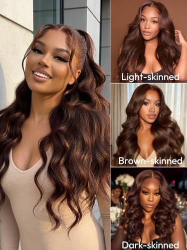 Image of Beauty Forever Pre Everything Medium Chocolate Brown Loose Wave 13x4 Lace Front Human Hair Wig Pre Plucked Pre Cut Face Framing Layers Glueless Drawstring Wear and Go Wigs 150% Density 26inch