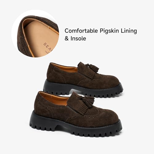 Image of BEAU TODAY Chunky Loafers for Women, Women's Leather Platform Loafers, Lug Sole Tassel Slip On Loafers Shoes Brogues Wingtip Casual Business Shoes Comfortable Dressy