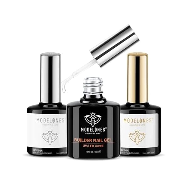 modelones Builder Nail Gel with Gel Top and Base Coat, 3Pcs Clear Builder Nail Kit for Thickening Apex Building Extension Rhinestone Gel Tips Glue, U/V LED Lamp Cured for Home DIY Salon Girls