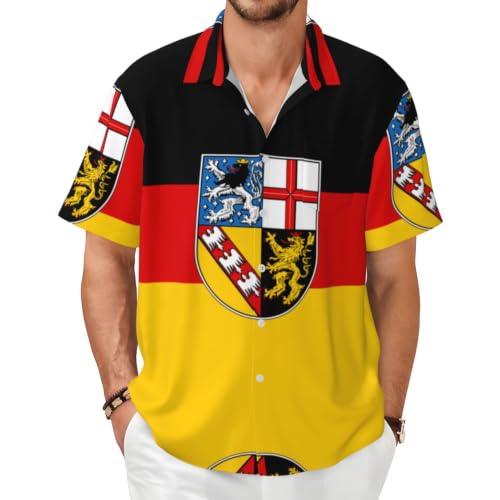 Image of Saarland Flags Print Mens Hawaiian Short Sleeve Shirts with Poket