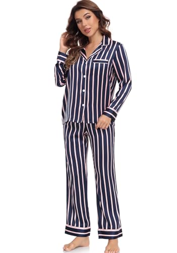 Image of Serenedelicacy Women's Satin Pajama Set Long Sleeve Button Down Sleepwear 2-Piece Silky Pj Set