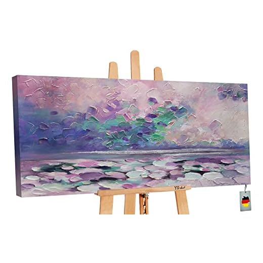 YS-Art Pintura abstracta sobre lienzo en acrílico Costa azul Decoración de pared salon modern colores turquesa Motivo marino 100x50 cm