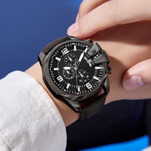 Image of OLEVS Men Watch Big Face Chronograph Waterproof Leather Strap Fashion Watch