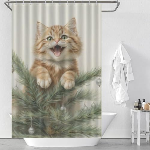 Rideau de douche imperméable chat de Noël en polyester anti-goutte - 2