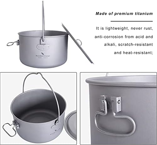 iBasingo 1.3L /1.95L / 2.9L Titanium Pot Hanging Stockpot Camping Cookware with Lid Outdoor Lightweight Campfire Cooking Kit Hiking Picnic Travel Portable Soup Pot for 1-3 Person
