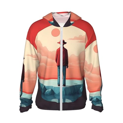 UPF 50+ Boy Wearing Hat Sun Protection Hoodie Rash Guard Shirt Long Sleeve Sun Shirt Lightweight Jacket