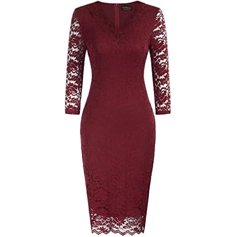 CURLBIUTY 3/4 Sleeve V-Neck Below Knee Party Dress Women Lace Elegant Bodycon Dress S Wine Red 96A22-3 Cover