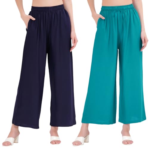 Image of Buy That Trendz Palazzo Pants for Women Cotton Rayon Elasticated Regular Fit Flared Wide Leg M to 6XL Pack of 2