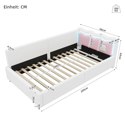 Polsterbett Schlafsofa 90x200 cm, L-förmiges Einzelbett mit LED, Gästebett Daybett Tagesbett, Bettgestell mit Lattenrost, Ohne Matratze, Weiß – Bild 3