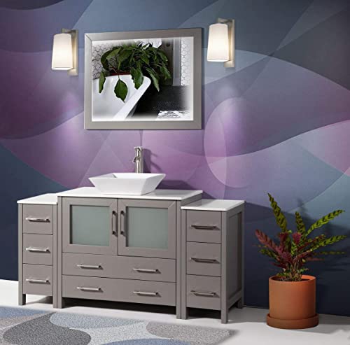 Vanity Art 60 Inch Single Sink Bathroom Vanity Compact Set 3 Cabinets 1 Shelf 8 Dove-Tailed Drawers Quartz Top And Ceramic Vessel Sink Bathroom Cabinet With Free Mirror Va3136-60-G #TOP1