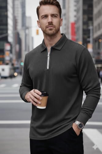 Image of Mack Jonney Men's Premium Ribbed Half-Zip Polo T-Shirt | Long Sleeve Soft Stretch Fabric | Stylish Casual & Smart Wear Top-M6783