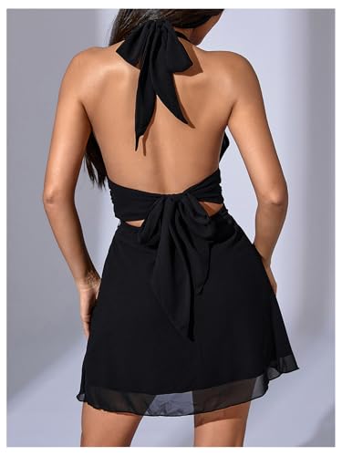 Image of Milumia Women's Deep V Neck Halter Mini Dress Sexy Bow Tie Backless Short Dress