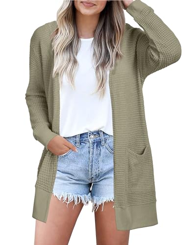 STYLEWORD Women's Fashion Cardigan Sweater 2024 Summer Beach Kimonos Lightweight Casual Long Cardigans Hawaiian Clothes with Pockets(Light Army Green-S)