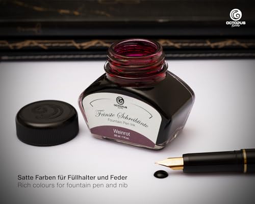 Octopus Fluids Füllhaltertinte im Tintenglas inklusive Konverter, Schreibtinte für Füllhalter, Füllertinte in Weinrot 30ml mit Tintenkonverter