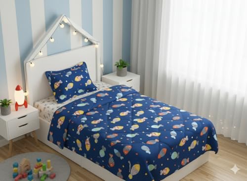 Image of Filymore Cute Fish 3-Piece Kids Bedding Set - Single Bed Comforter, Matching Bedsheet & Pillow Cover - Soft Peach abd White Design for Children's Room(90X60) inch