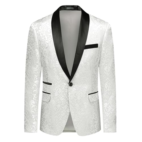 Allthemen Chaqueta casual de lujo para hombre Slim Fit Paisley Floral Jacquard Traje Chaquetas elegantes Abrigos Chic Chaquetas, blanco, L