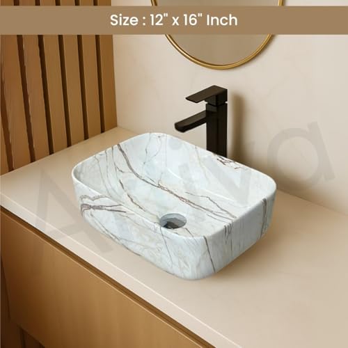 Image of Artiva Ceramic Wash Basin /Tabletop Washbasin For Bathroom,12 inchx16 inch /Small Countetop Bathroom Basin /Table Top Basin For Home,Office,Hotel /Rectangle Glossy Sink (Marmi Beige,12x16 Inch)