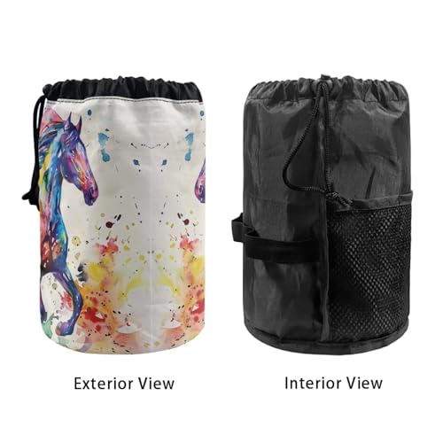 chaqlin Watercolor Horse Travel Cosmetic Bags Barrel Makeup Bag,Women Girls Portable Foldable Cases Multifunctional Toiletry Bucket Bags Round Organizer Storage Pocket - Image 3