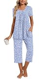 COFNEW Womens Summer Pajama Sets 2 Piece Short Sleeve Top and Capri Pants Plus Size Ladies Lounge Pjs Sets with Pockets 2XL, Spotted Blue