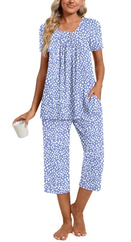 Image of Womens Summer Pajama Sets 2 Piece Short Sleeve Top and Capri Pants Plus Size Ladies Lounge Pjs Sets with Pockets