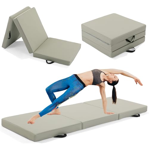 MABOZOO 3‘’ Thick Tri-fold Yoga Mat, Extra Thick PU Leather Exercise Mat with Non-Slip Bottom, Folding Gymnastics and Workout Pad for Pilates, Relaxation, Stretching and Aerobics