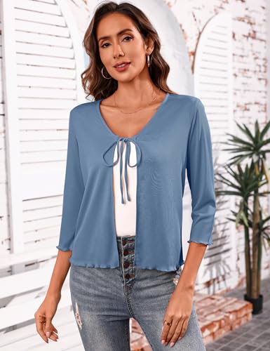 Image of Aiboria Women's Tie Front Shrug 3 /4 Sleeve Ribbed Bolero Lightweight Cropped Cardigan S-XXL