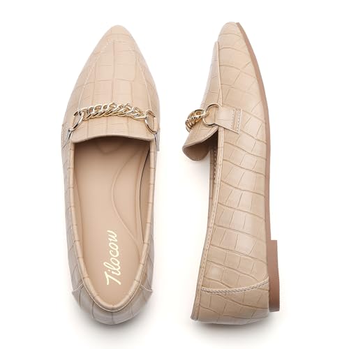 Image of Tilocow Metal Chain Loafers for Women Pointed Toe Slip on Flats Comfortable Fashion Work Shoes