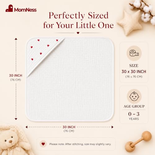 Image of Baby Hooded Bath Towel 100% Cotton Muslin 76x76 cm, 0-3Y, Newborn | 4-Layer Crinkle Fabric, Ultra Absorbent, For Ages 0-3 Years, Unisex