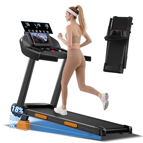 18% Incline Treadmills for Home Small, 3.0HP Foldable Walking Pad Treadmill with 3 LED Displays, Portable Treadmill Up to 400LBS Capacity, 7.5MHP