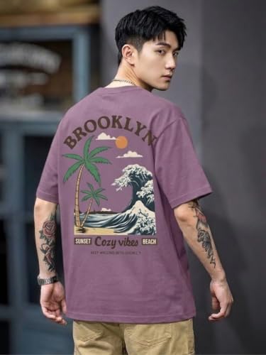 Image of SMOWKLY Authentics Men's Brooklyn Beach Digital Printed T Shirt | Round Neck Half Sleeve Casual T Shirt for Men | Casual Baggy Fit Stylish Comfortable Streetwear Fashion Tshirt for Men