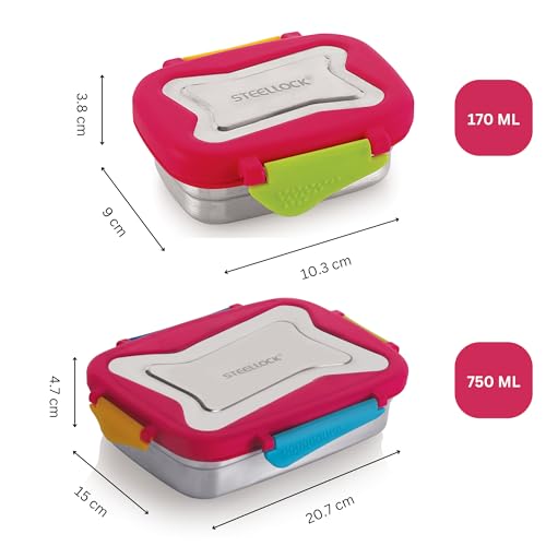 Image of STEELLOCK Smart Stainless Steel Tiffin Lunch Box 2pc Set for Kids and Adults - Airtight Leakproof Rectangle Combo with Steel Lids - Juliet 750ml & 170ml for School & Office