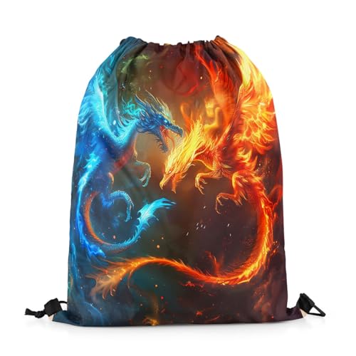 Castle Fairy Western Dragon Drawstring Backpack Blue Orange Red Fighting Animals Gym Sports Cinch Bag Sackpack for Women Men Watercolor Wildlife Magical Style Drawstring Bag for Yoga 13"x16"2