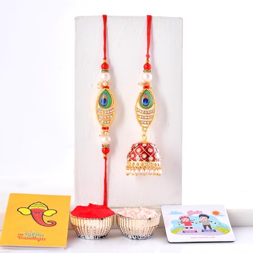 Image of CraftVatika Rakhi for Brother and Bhabhi with Gift Set Combo, Rakhi Set of 2 for Bhaiya Bhabhi, Kundan Meenakari Couple Pair Bhai Bhabhi Rakhi, Rakhis for Rakshabandhan, Fridge Magnet for Door Decor