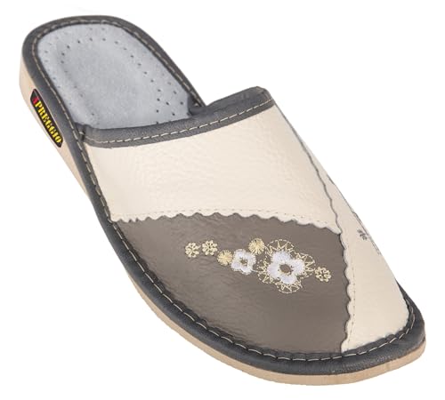 APREGGIO Pantoufles Femme Cuir – Chaussons Pratiques et Confortables – Fait Main – Gris – Taille 38