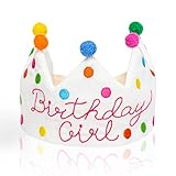 Hand Embroidered Baby Birthday Girl Crown Hat - 100% Natural Fiber Linen, Reusable Confetti Dots Party Hat, Girl First Birthday Crown With Wool Felt Balls for Girls Kids Celebration Party Decor